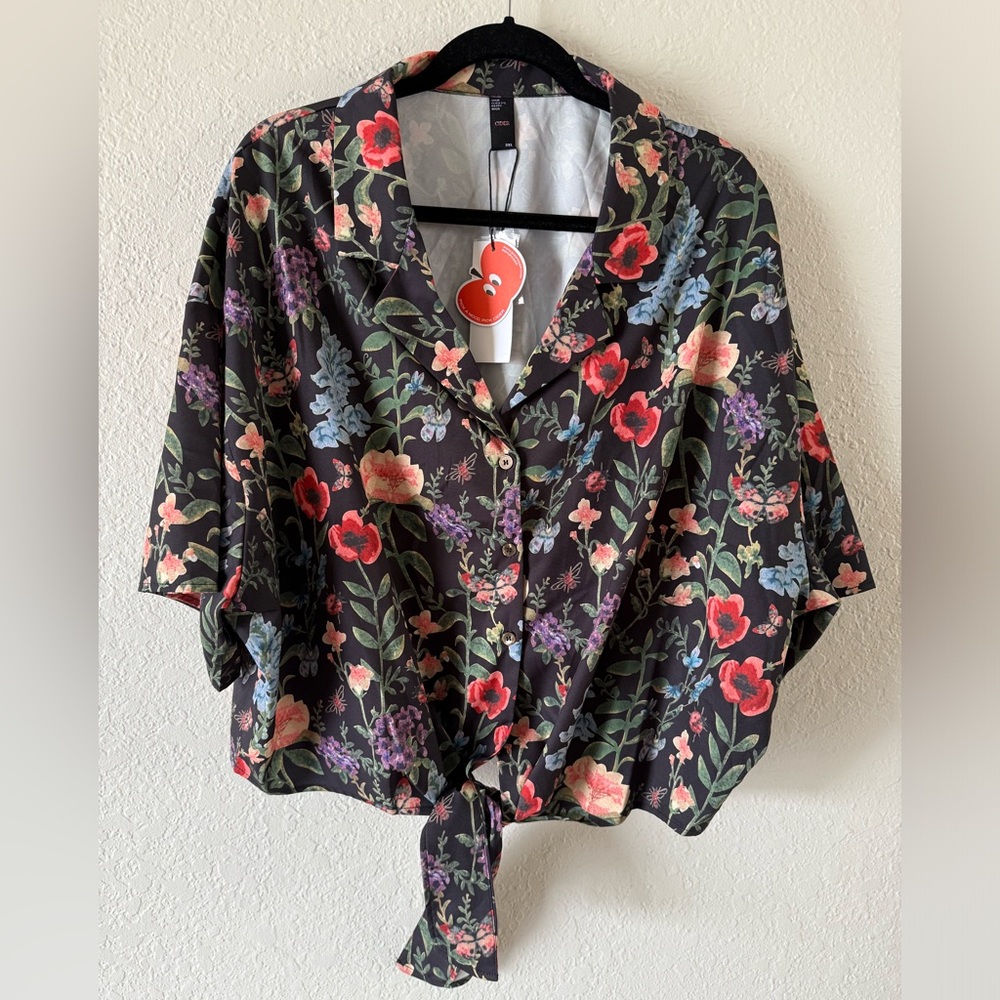 Cider Floral Tie-Front Blouse - Black and Multicolor